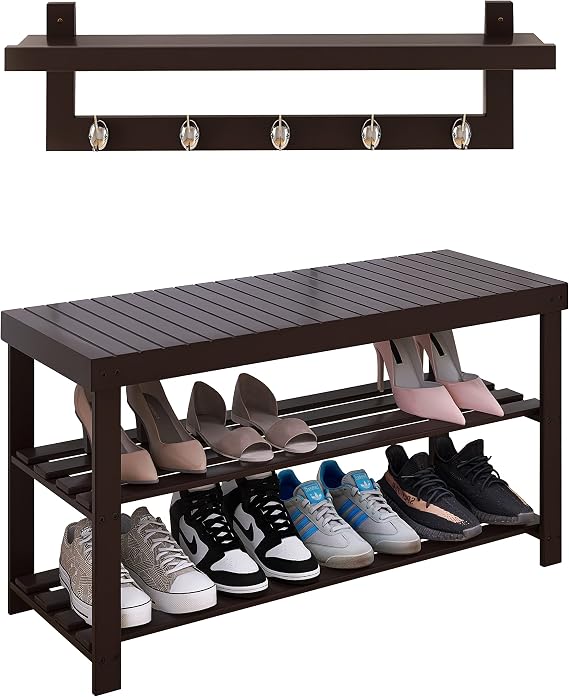 SMIBUY 3-Tier Bamboo Shoe Rack Bench Shelf for Entryway Hallway Bathroom and 29.2 Inch Coat Hooks with Shelf Wall-Mounted with 5 Double Metal Hooks (Espresso)