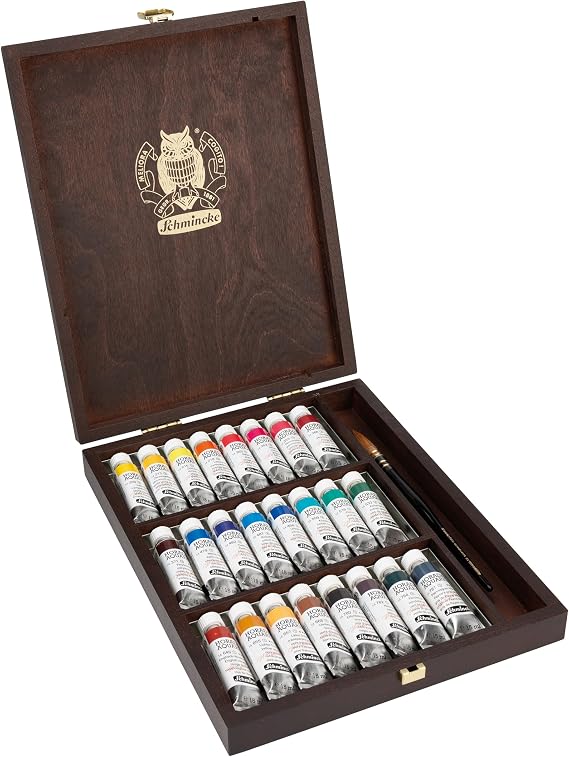 Schmincke - HORADAM AQUARELL, elegant wooden box, 24 x 15 ml tubes, 74 653 097, finest artists' watercolors, brush #4