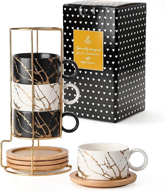 HOME DECOR Ceramic Espresso Cup,4x160ml Coffee Cups-Marble Collection | with saucer and stand,save desktop space,unique decal craft,ideal for espresso and latte, dishwasher safety
