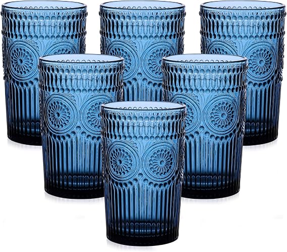ZMOWIPDL Drinking Glasses Set of 6,13oz Flower Design Blue Glass Cups