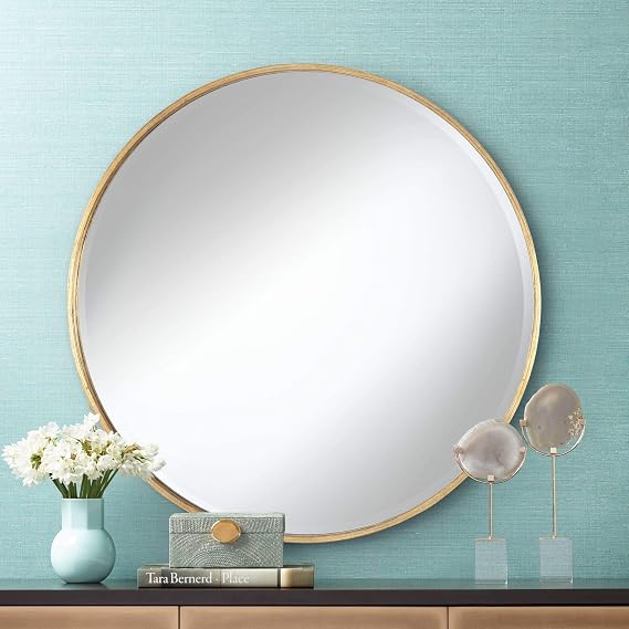 Uttermost Mayfair Round Vanity Decorative Wall Mirror Vintage Rustic Antique Gold Metal Frame Beveled Glass Edge 34" Wide for Bathroom Bedroom Living Room Home House Office Entryway