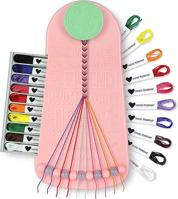 Choose Friendship Bracelet Making Kit 20 Pre-Cut Threads, Portable Loom with Storage, Makes 8 Bracelets, Craft Gift for Kids Ages 8+, Blush Pink Macaroon