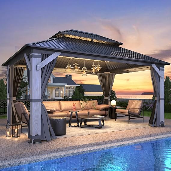 12' x 16' Outdoor Wood Gazebo | Permanent Wooden Hardtop Gazebo Pavilion with Double Curtains, Galvanized Steel Roof Cedar Wood Gazebos for Garden, Lawn