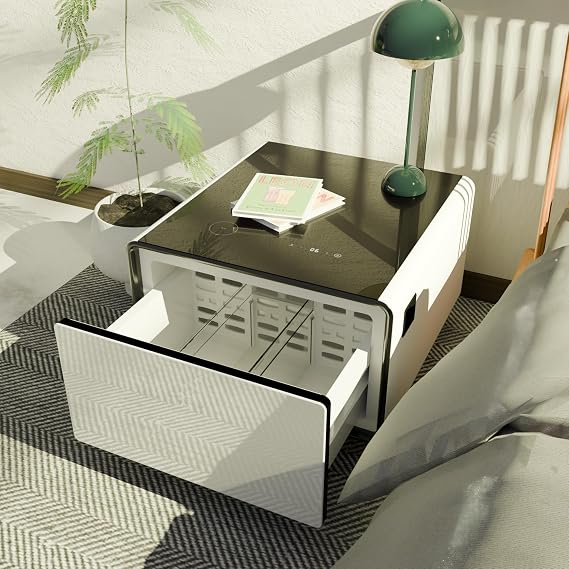 Smart Side Table with Built in Fridge, Wireless Charging, Temperature Control, Power Socket, USB Ports, Outlet Protection, Induction Light, White