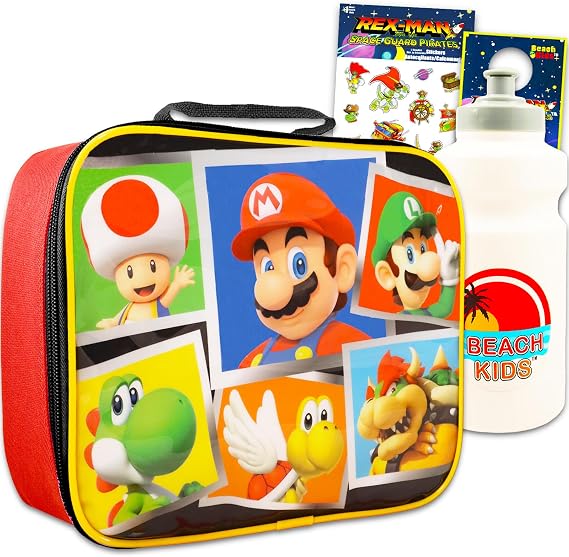 Mario Lunchbox for Kids Boys Bundle w/Insulated Lunch Bag + More | Soft Super Mario Lunch Box Plus Water Bottle, Stickers, More - Luigi Bowser Mario School Supplies