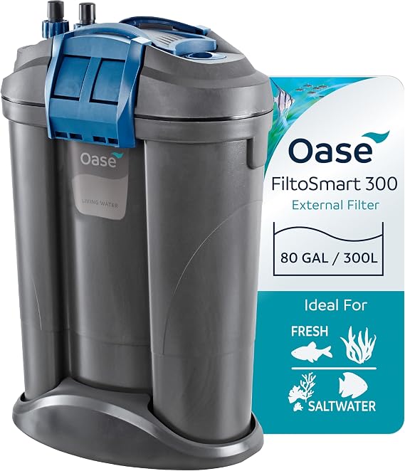 Oase FiltoSmart 300 Canister Filter for Aquariums Quiet, Space-Saving External Filter with Multi-Stage Filtration, No-Mess Maintenance, for Freshwater & Saltwater Tanks Up to 80 Gallons