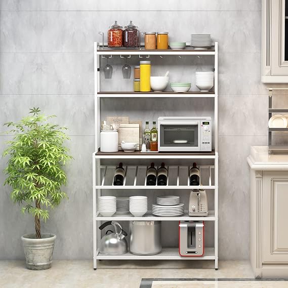 6-Tier Kitchen Bakers Rack Wine Rack Kitchen Storage Shelf Rack, Freestanding Bar Wine Rack Table with Glass &Cup Holders, Microwave Stand with Hutch, Easy Assembly (Dark Brown Top + White Tube)