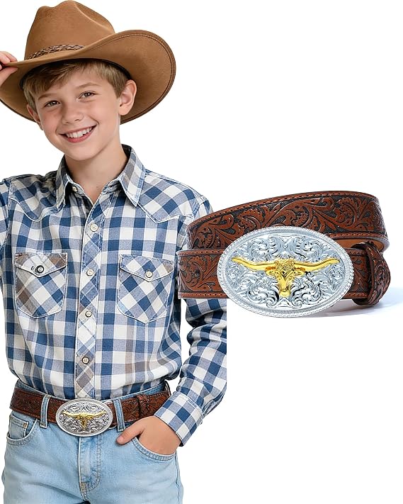 Kajeer Boys Western Belt for Kid,Leather Embossed Bull Buckle Cowboy Belt | 4-5mm Thick PU leather Detachable Longhorn Buckle Adjustable for Western Themed Party Daily Outfits