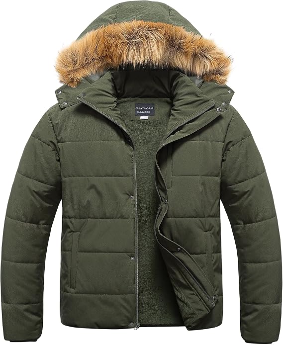 Men's Big and Tall Puffer Jacket Waterproof Winter Coats Fleece Lined Detachable Fur Hood Available In 2X To 6X