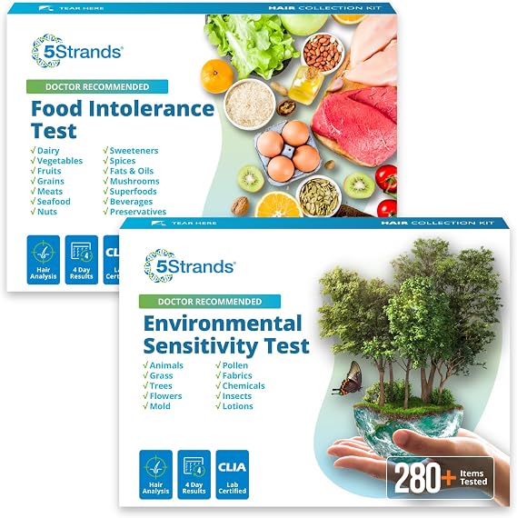 5Strands Food Intolerance & Environmental Sensitivity Test, at Home Hair Analysis for Adults & Kids, Pinpoint Digestive Stressors & External Exposures, Results in 4 Days