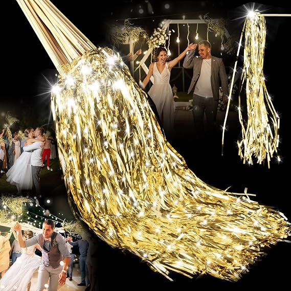 Simgoing 24 Pcs Lighted Wedding Wands LED Tinsel Wands Light up Streamers Sparklers for Wedding Send Off and Exits Birthday Party Props Favors(Gold Tinsel)