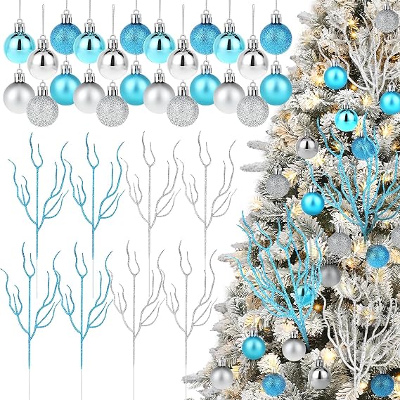32 Pcs Coastal Mini Christmas Tree Ornaments 8 Pcs 13 Inch Glitter Coastal Ocean Artificial Tree Picks 24 Pcs Christmas Tree Ornaments Filler for Christmas Tree Vase Wreath Gift Decor