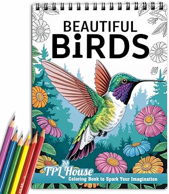 TPLHOUSE Beautiful Birds Coloring Book Spiral Bound for Adults, Premium Cover, 30 Serene Coloring Pages of Tropical Birds for Stress Relief and Relaxation