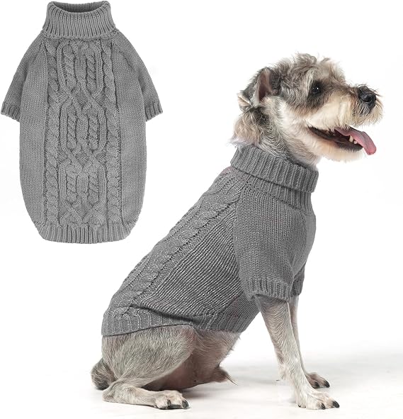 EXPAWLORER Thermal Knitted Dog Sweater for Small Medium Large Dogs, Turtleneck Cable Knit Dog Cold Weather Clothes Sweatshirt Outfits for Winter, Pullover Pet Jumper for Puppy Cats, Grey L