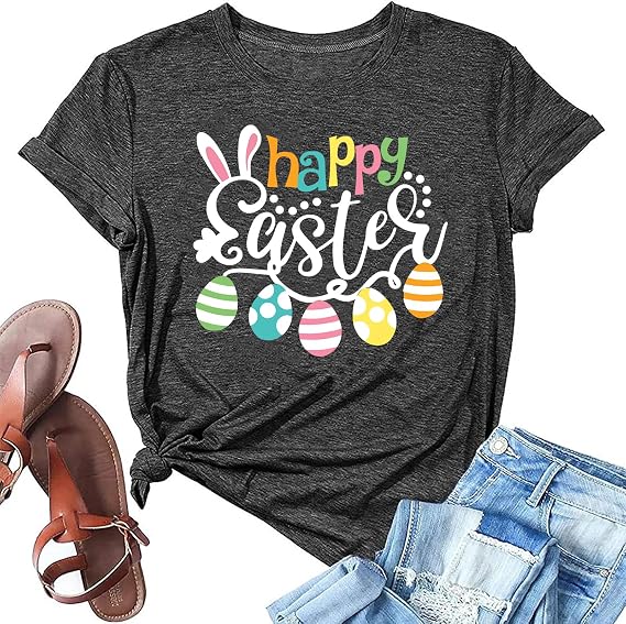Happy Easter Shirts for Women Short Sleeve Funny Bunny Graphic Tee Letter Print Crewneck Gift Tops