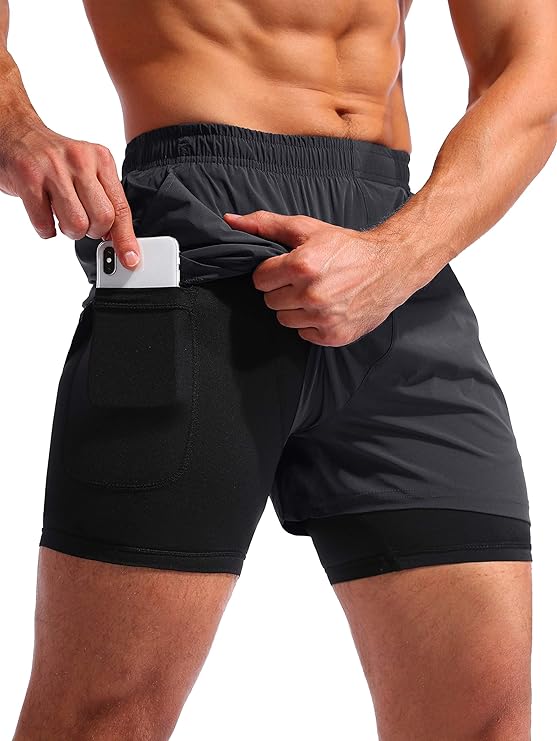 Pudolla Mens 2 in 1 Running Shorts 5" Quick Dry Gym Athletic Workout Shorts for Men with Phone Pockets