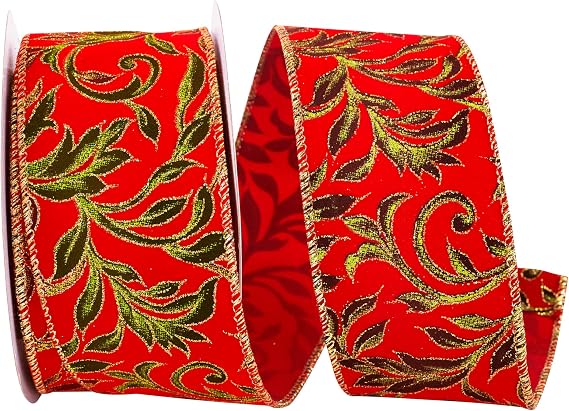 Reliant Ribbon Exquiste Scroll Holiday Wired Edge Ribbon, 2-1/2 Inch X 10 Yards, Red/Green