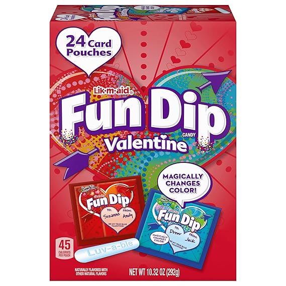 Lik-a-Maid Fun Dip Valentines Day Candy Friendship Exchange Variety Box, 10.32 oz, 24 Pouches