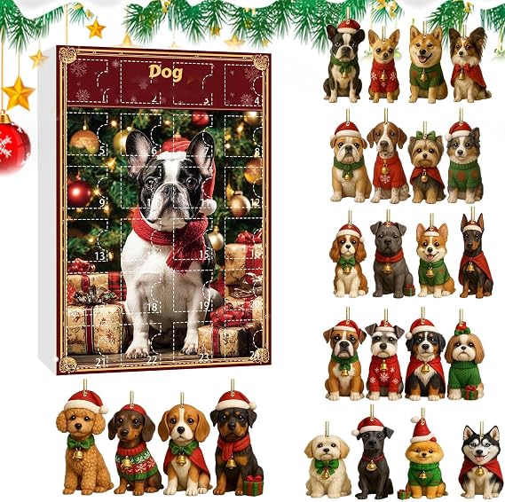 Dog Pendant Countdown Calendar Acrylic 2D Flat Reusable Winter Holiday | 24-Day Countdown Calendar Dog Theme Pendants for Family Friends Adults Teens Pet Lovers Kids Tree Window Wall Door Mantel