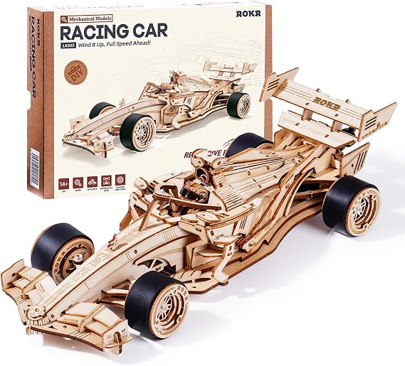 ROKR 3D Wooden Puzzle 1:18 Scale Formula Racing Cars, Wind up Toys Model Car Kits for Adults to Build, Ideal Hobby Gift for Boys and Men Desk Decor Display