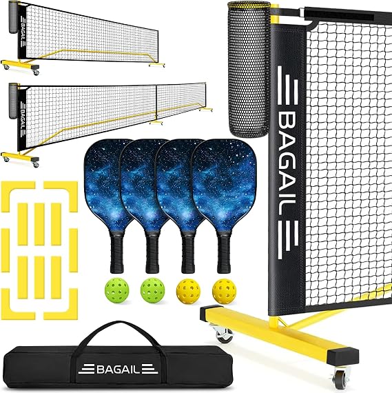 BAGAIL Portable Pickleball Net Set, 22 FT Regulation Size Pickle Ball Net with Ball Collector, 4 Balls and Carry Bag, Easy Setup for Outdoor Indoor Driveway
