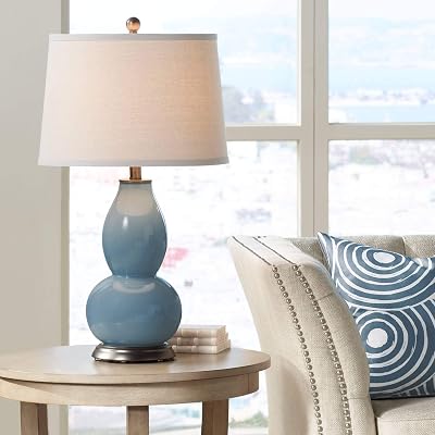 Color  Plus Modern Table Lamp 28 34 Tall Smoky Blue Glass Double Gourd Off White Tapered Drum Shade for Bedroom Living Room House Home Bedside Nightstand Office Entryway Family Kids