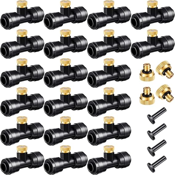 Ripeng 48 Pcs Brass Misting Nozzles Tees Plugs, 1/4 Inch Outdoor Mister | 20 Misting Nozzle Tees, 24 Brass Nozzles And 4 Black End Plugs For DIY Outdoor Patio Garden Backyard Cooling Spray System