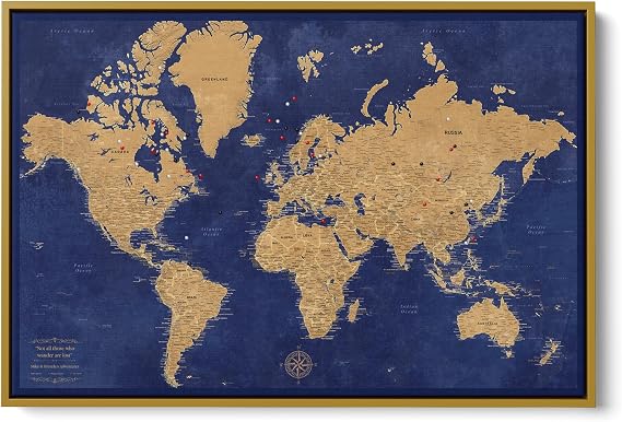 Gold & Navy World Map with Pins Push Pin Canvas Travel Map Personalized World Travel Tracker Framed Wall Decor Gold Float Frame 24" x 36"