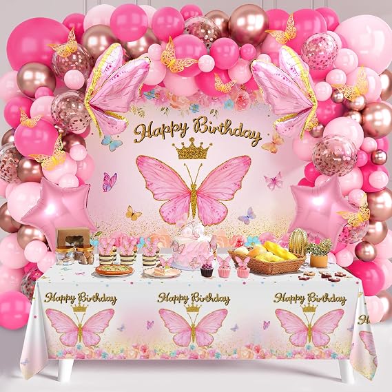 Pink Butterfly Birthday Decorations Pink Balloon Arch Kit with Foil Balloon | Butterfly Happy Birthday Backdrop & Tablecloth Decorations for Girl's Party - 106 Supplies