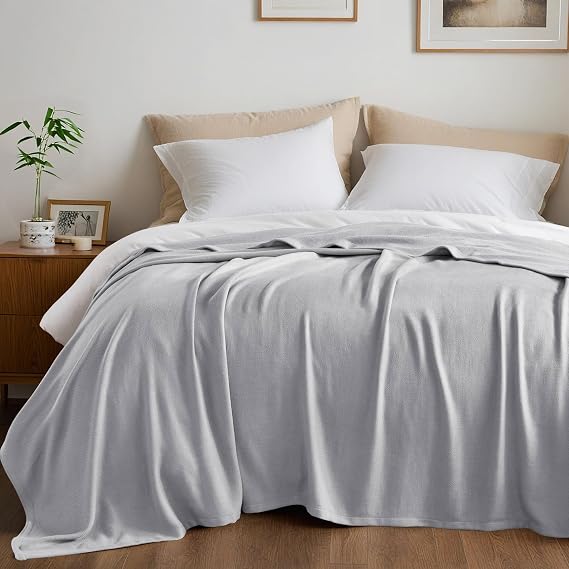 Queen Size Blanket, 70% Rayon (Derived from Bamboo) and 30% Cotton, Lightweight Jacquard Weave, Breathable and Soft Summer Blanket for Bed or Couch, 90 x 90, Grey