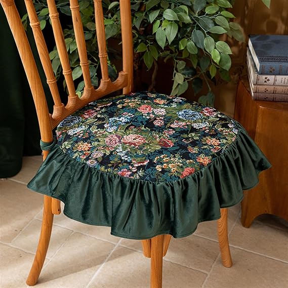 OVARIA Velvet Printing Seat Cushion, Soft Chair Pad for Dining Chairs, Ruffled Skirt Seat Cover with Ties Filled for Dinner Chair