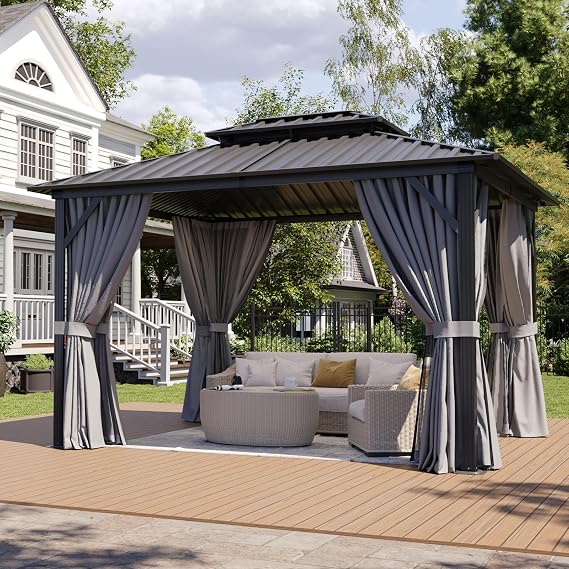 Aoxun 10Ft X 12Ft Hardtop Gazebo, Aluminum Metal Outdoor Gazebos Pergolas | with Breathable Netting and Curtains,Galvanized Steel Double Top,Permanent Pavilion for Backyard,Patio,Lawn,Deck