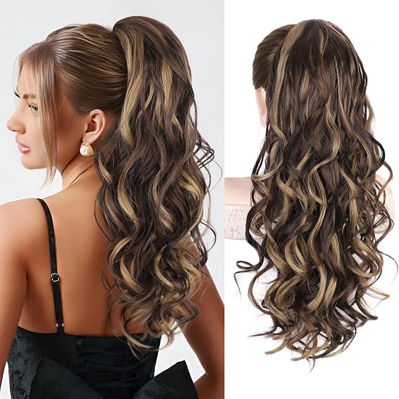 HMD Claw Clip Ponytail Extensions 24 Inch Synthetic Wavy Hair for Women | Ponytail Extension, Fluffy Natural Soft Synthetic Ponytail Hair Extensions, Easy Wear Hairpiece for Women Daily Party Cosplay