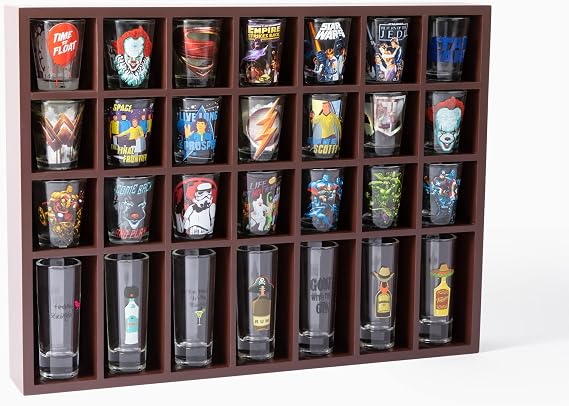 DECOMIL Shot Glass Display Case for Wall & Free Standing with Holder for 28 Tall Shot Glasses, Solid Wood Rack Without Door