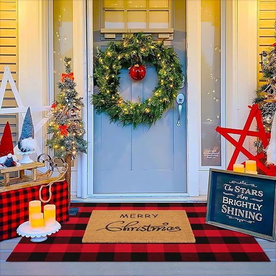 Christmas Door Mat Combo Set - 100% Coco Coir Welcome Mat + 3' x 5' Red and Black Plaid Rug, Christmas New Year Holiday Collection Doormat for Front Porch Entryway Decorative