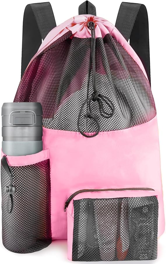 HOHOM Swim Mesh Beach Bag, Waterproof Gym Bags for Women and Men, Large Pool Bag Swimming Gear Drawstring Backpack