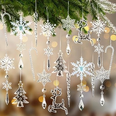 Geegoods 18pcs Christmas Ornaments Snowflakes Decorations - Hanging Acrylic Crystal Christmas Decorations Icicle Drop Crystal Decorations for Christmas Tree Winter Wonderland New Year Party Supplies