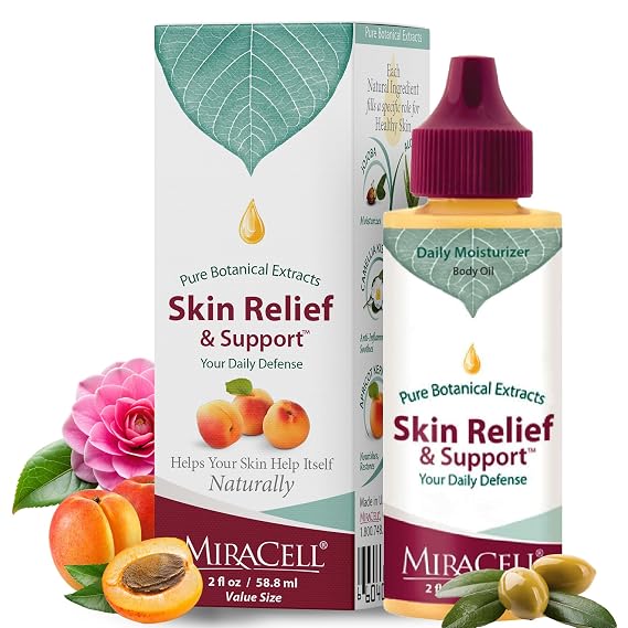 Miracell Skin Relief & Support Oil | Natural Moisturizer for Dry, Sensitive, or Irritated Skin | Soothes Cuts, Scrapes, Bug Bites, Sunburn, Chafing, Rough Hands, Cracked Cuticles & Windburn | 2 oz | Natural Face & Body Moisturizer, Apricot, Jojoba, and Vitamin E, Fast-Absorbing Hydration, For Dry, Sensitive, or Rough Skin