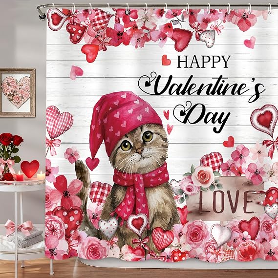 MEHOFOND Happy Valentine's Day Shower Curtain, Rustic Farmhouse Valentines Bathroom Decor Curtains,Watercolor Pink Floral Love Hearts Cute Cat Shower Curtain Durable Fabric with 12 Hooks 72" x 72"