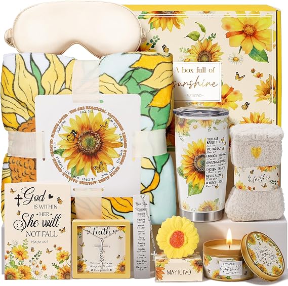 Christian Gifts for Women Faith, Inspirational Religious Gifts Sunflower Gifts for Women, Catholic Spiritual Gift Mother's Day Birthday Gift Easter Basket for Woman Her Mom Sister Friends w/ Blanket