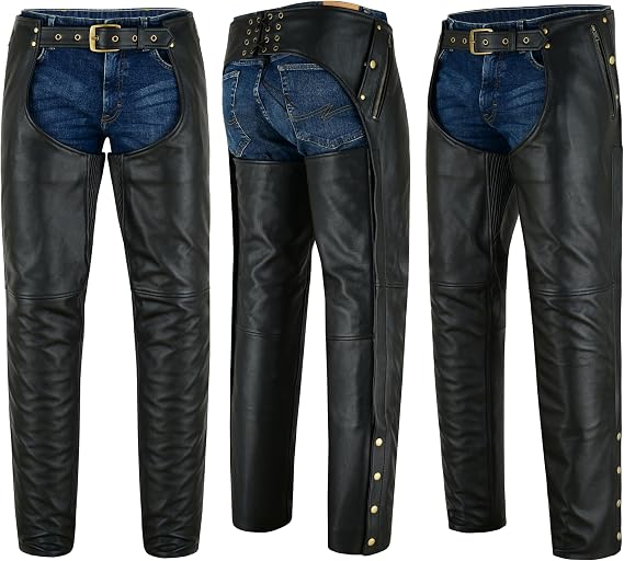 Men's Leather Motorcycle Chaps Premium Cowhide, Adjustable Fit, Dual Zipper Pockets, Black Riding Gear for Bikers