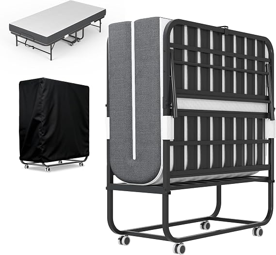 Folding Bed with Mattress,5-Inch Memory Foam Foldable Bed for Adults,500lbs Capacity Rollaway Bed with Storage Cover and Sturdy Metal Frame,Space Saving Portable Guest Bed,75"*46"