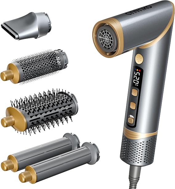 5 in 1 Hair Styler: Powerful Blow Dryer & Multi-Styler With Auto-Wrap Curlers, Quick-Drying Nozzle, Oval & Round Smoothing Brushes, Insulated Gloves, Comb, 2 Clips