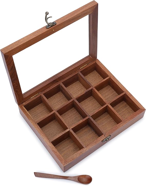 Ajuny Wooden Spice Box 10x8 Inch, 12 Compartments, Glass Lid Masala Dabba | Includes spoon and divided pantry organizer for seasonings, herbs, condiments, kitchen counters and housewarming gifts.