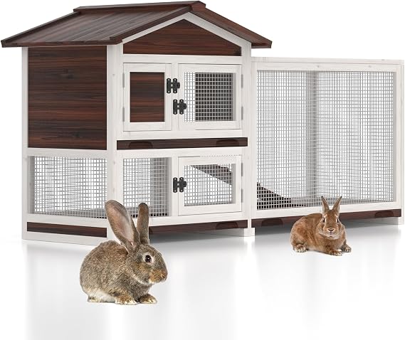 GOJOOASIS 60" Wooden Rabbit Hutch Bunny Cage Chicken Coop Pet House | Guinea Pig Cages w/ 3 Pull-Out Trays & 4 Access Doors, Outdoor Weatherproof Bunny House for 2-3 bunnies, Double-Tier Design
