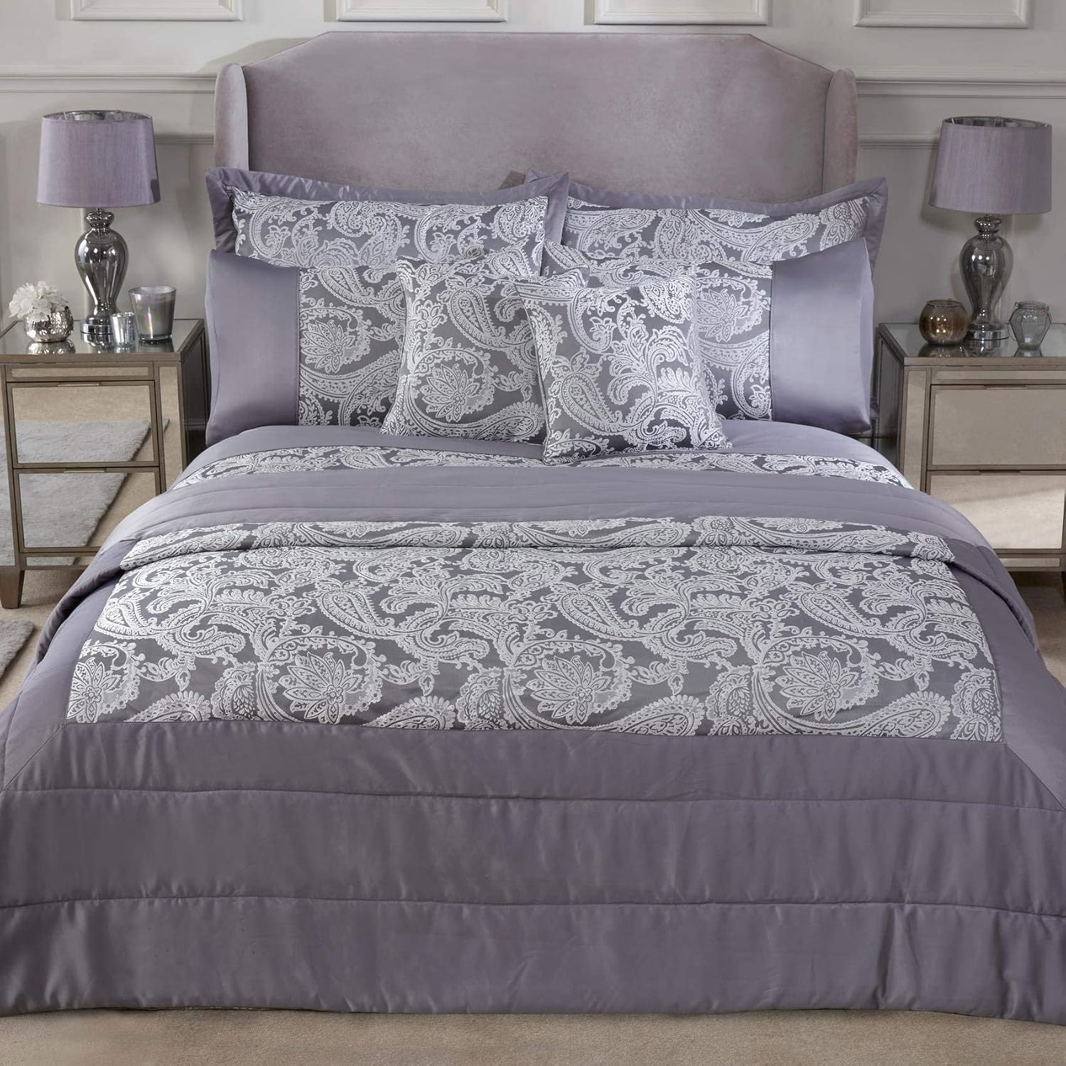 Emma Barclay Duchess - Embellished Jacquard Quilted Bedspread Set in Silver - To Fit DoubleKing