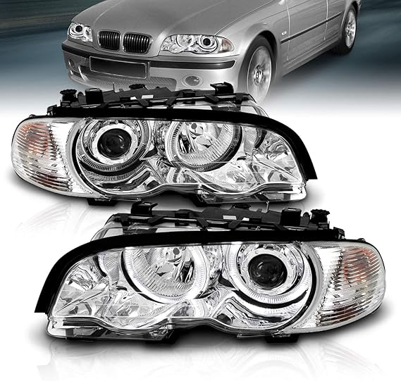 AmeriLite for 1999-2001 BMW 3 Series E46 M3 Coupe Chrome Halo Projector Headlights Corner Light Assembly Set - Passenger and Driver Side