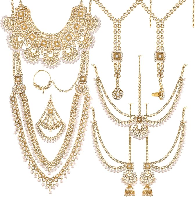 I Jewels 18k Gold Plated Wedding Wear Indian Bollywood Faux Kundan & Stone Studded Dulhan Bridal Jewelry Set for Women