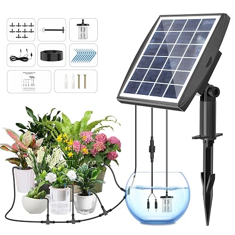 Solar Powered Drip Irrigation System, OHYEAHSPIN Solar Automatic Garden Watering Outdoor Greenhouse Accessories Supported 15 Pots Plants & 6 Timer Modes