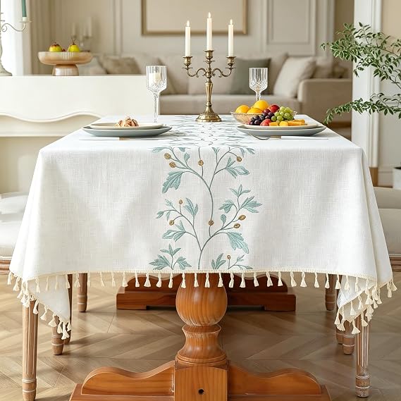 Laolitou Rectangle Embroidered Tablecloth with Tassels 55x120 Inch | Green Flower, Waterproof Wrinkle Resistant, Tablecloth for 8 Foot Table, Machine Wash
